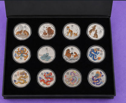 Complete Perth Mint Lunar Series III Colorized 1 oz Silver Collection (12 Coins) with Custom Display Case