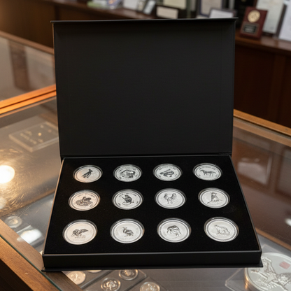 Collection of silver coins in a black display box on a glass table.