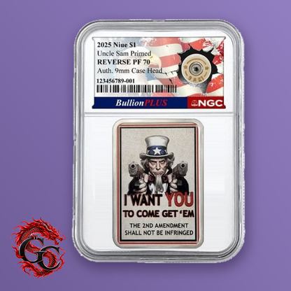 2025 Niue Uncle Sam Primed 1 oz .999 Silver Reverse Proof 9mm Primer NGC PF70