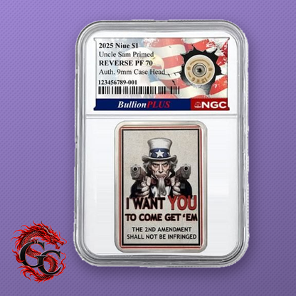 2025 Niue Uncle Sam Primed $1 1 oz .999 Silver Reverse Proof 9mm Primer NGC PF70