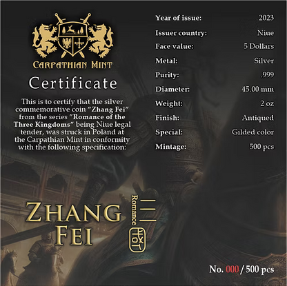 2023 Niue Zhang Fei Romance of the Three Kingdoms 2 oz Silver Antiqued Coin with Box & COA