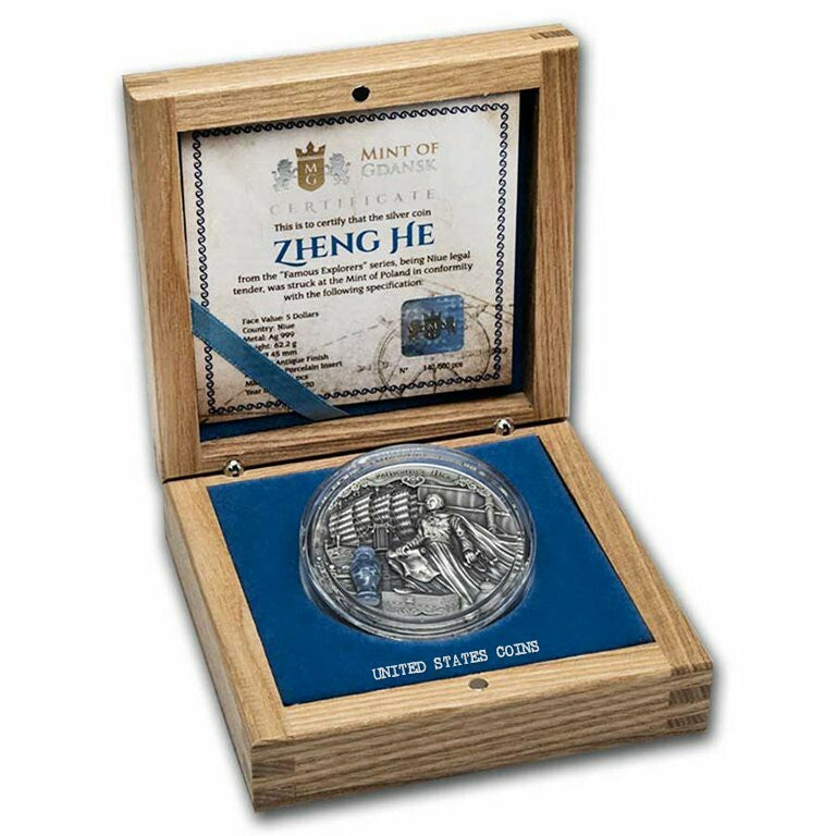 2021 Niue Zheng He Famous Explorers 2 oz Silver Antiqued Coin w/ Box & COA