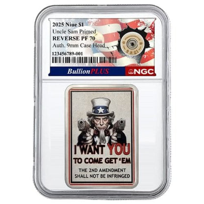 2025 Niue Uncle Sam Primed $1 1 oz .999 Silver Reverse Proof 9mm Primer NGC PF70