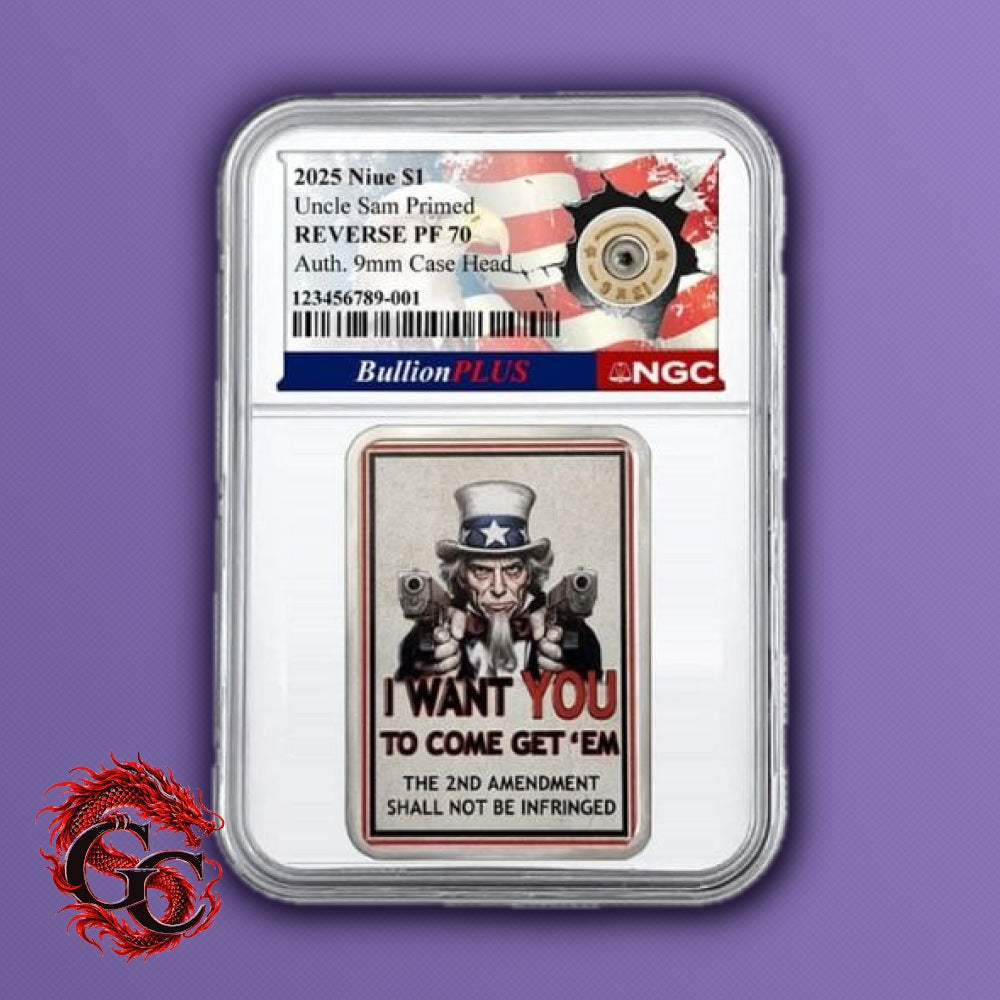 2025 Niue Uncle Sam Primed $1 1 oz .999 Silver Reverse Proof 9mm Primer NGC PF70